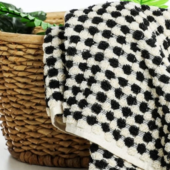 Turkish Spa Hair Peshtemal XL Hand Towel Black Natural White Pom Pom Houndstooth - Picture 8 of 8